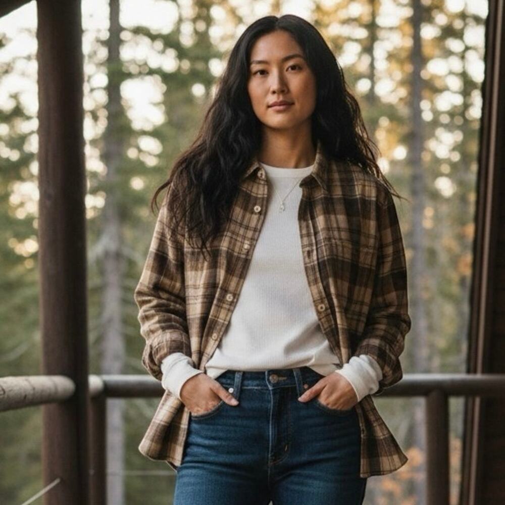Brandy Melville Quilted Jacket Cabincore Gorpcore Plaid Brown Sz M